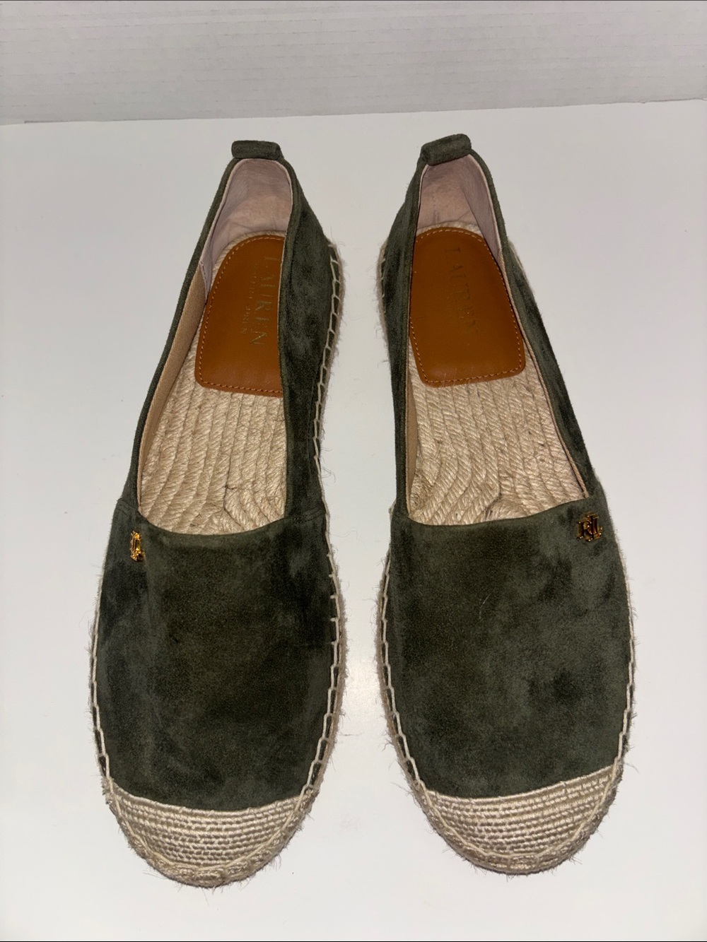 Ralph Lauren Olive Suede Espadrille Flats with Jute Trim